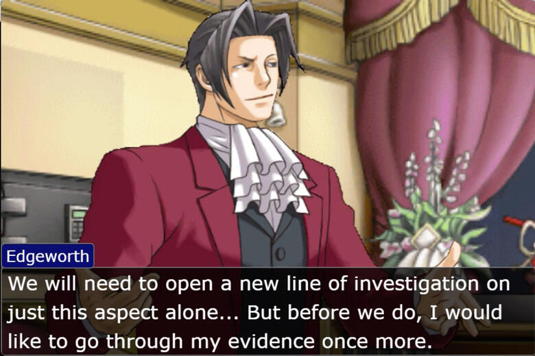 edgeworth smiling smugly in his office.